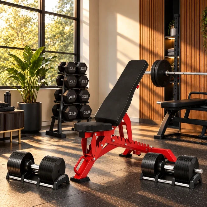 EKFIT Adjustable weight bench with dumbbells in a modern home gym