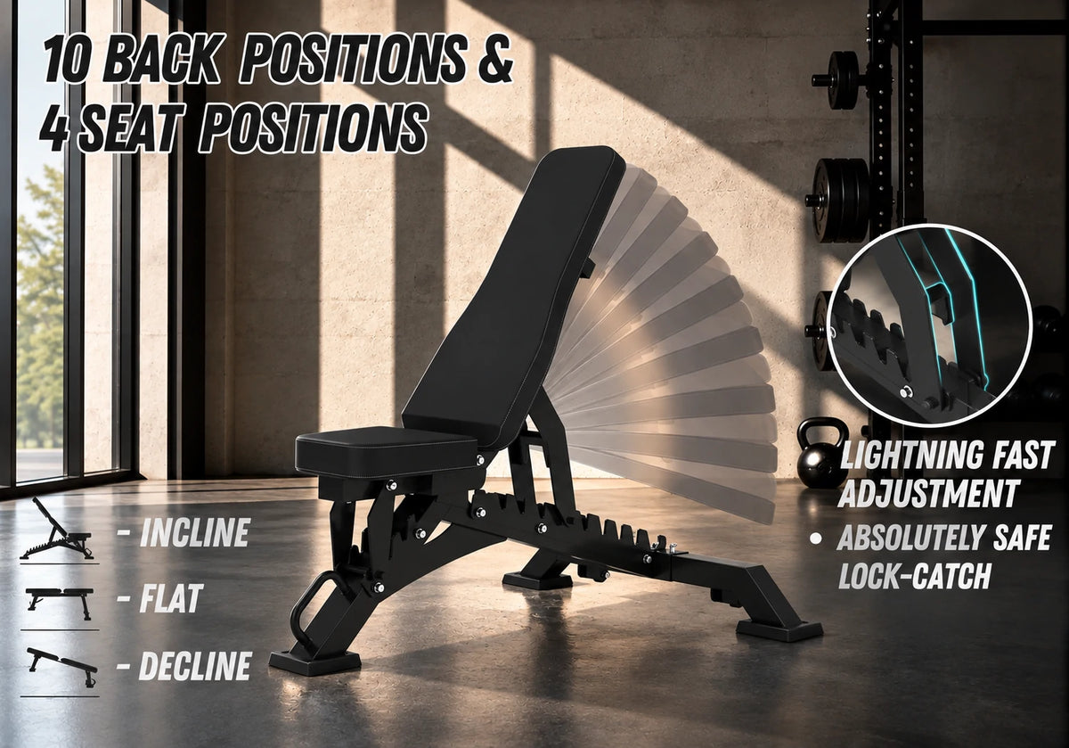 EKFIT EK-1005 adjustable weight bench with 10 backrest positions and 4 seat positions
