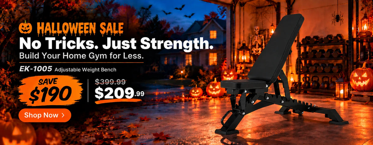 EKFIT EK-1005 adjustable weight bench in a Halloween-themed home gym banner featuring glowing pumpkins and a $190 discount, now $209.99