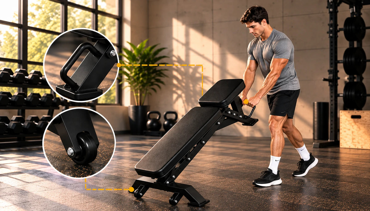 EKFIT EK-1005 adjustable weight bench with transport wheels and handle for easy moving